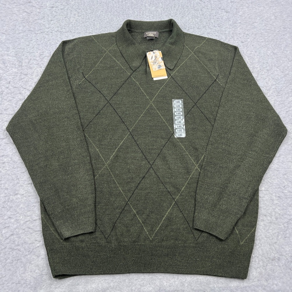 NEW Dockers Polo Sweater Mens XL Green Knit Long Sleeve Collared Henley Pullover